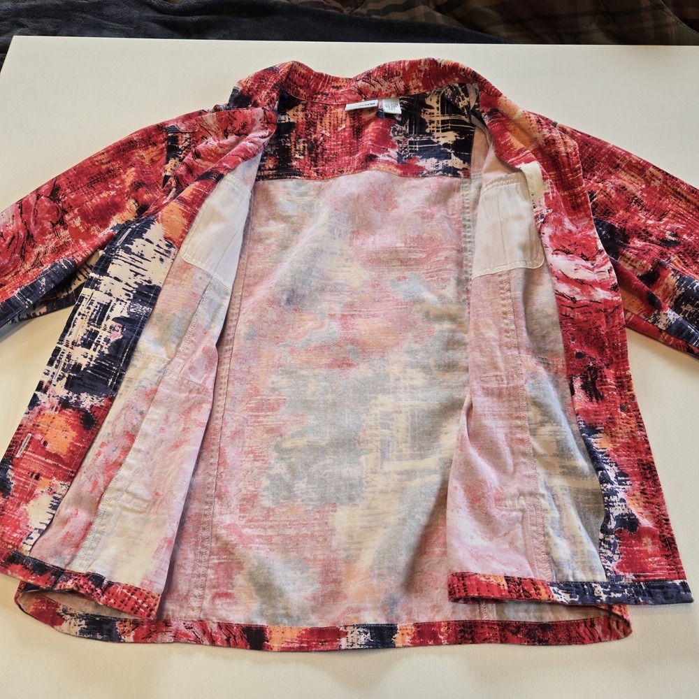 Chico's Geometric and‎ Floral Red Blue Collared Button Down Jacket Womens Size 3 - Picture 7 of 8